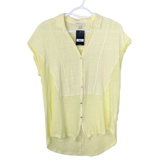 NEW Lucky Brand Woven Gauze Mixed Shirt  Short Sleeve lemon yellow small @i - Picture 1 of 15